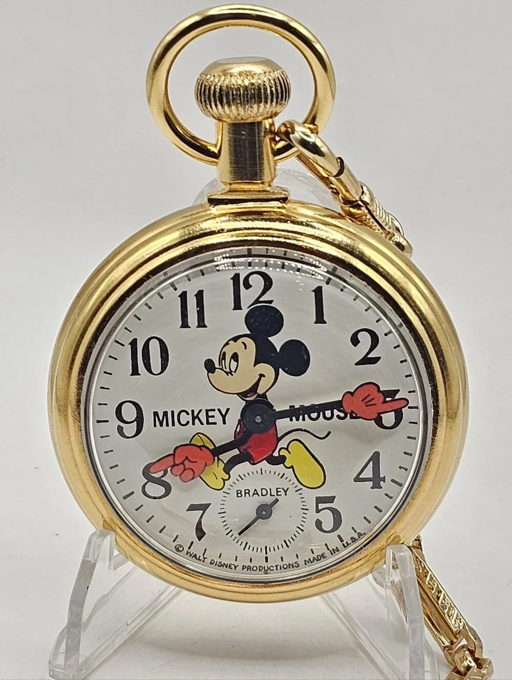 Vintage Bradley Mickey Mouse Gold Train Pocket Watch & Original Case Running